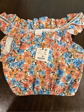 Zara Floral Off-Shoulder Crop Top — Blue & Orange Floral